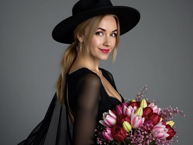 Misstyk with blonde hair in a ponytail, black hat, sheer dress, holding a colorful bouquet of red, pink, and yellow flowers, smiling at the camera.
