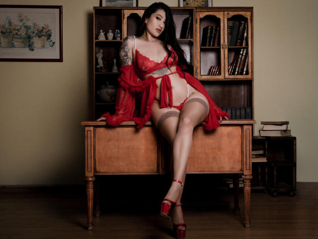 EmmaRosseti with tattoos, red lingerie, and high heels, sitting on a wooden desk, showing her tits, pussy, and ass, in a room with a bookshelf.