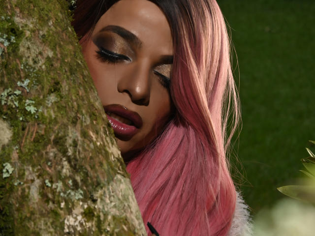 AlexJhonsons with pink and brown hair, eyes closed, nose against mossy tree, shiny dark lipstick, and subtle makeup, leaning against tree with green grass in the background.