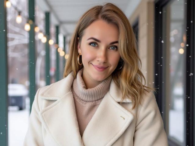 Misstyk with blonde hair, blue eyes, and a cute smile, wearing a white coat and pink turtleneck, standing outside with falling snow, looking directly at the camera.