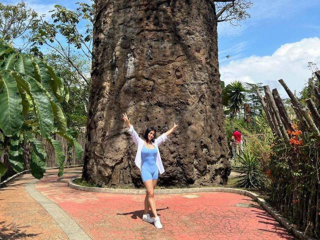 MaddieDemie stands in front of a massive, rocky tree, arms raised, wearing a blue dress, white cardigan, and white sneakers, with green foliage and a clear sky.