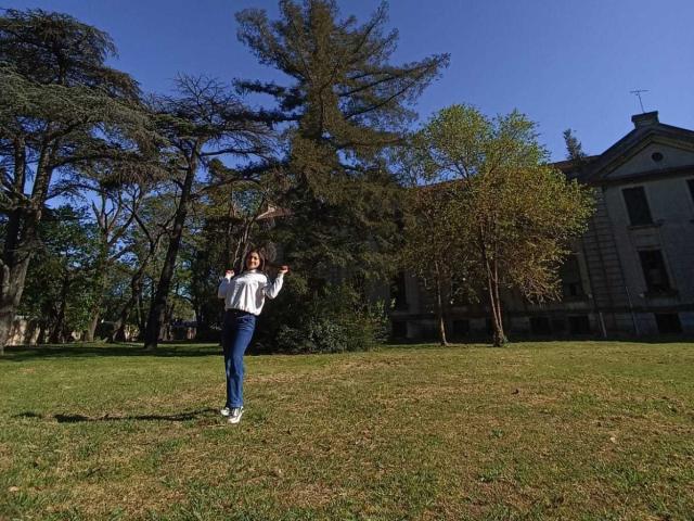 MeganFw with medium tits, wearing a white shirt and blue jeans, stands on grass, arms raised, in a sunlit park with tall trees and a building in the background.