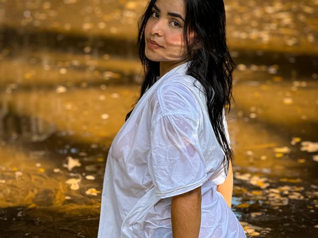 ScarletFoxxi com uma camisa branca molhada grudada em seus seios, cabelo escuro e molhado, olhando por cima do ombro, em pé em água dourada rasa, luz solar suave, sorriso discreto, beleza natural, confiança..