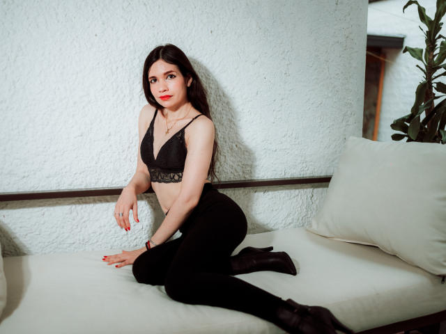 SofiArias with long black hair, red lipstick, black lace bra, black pants, and black heels, kneeling on a white couch, showing her tits and ass.