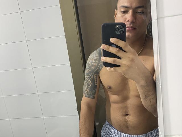 LeonHard, shirtless, holding phone in mirror selfie, tattooed arm, muscular, tan skin, short hair, wearing blue-striped pants, serious expression, gold necklace, reflection shows white tiled wall.