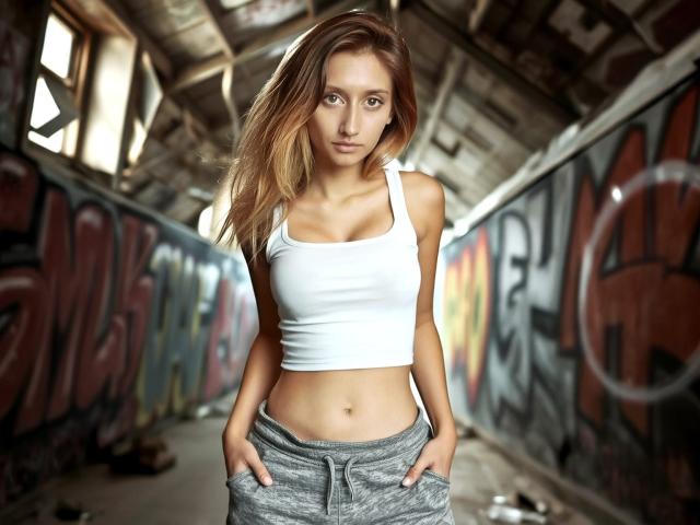 LunaXKiss has blonde hair, a white tank top showing her small tits, and gray pants with hands in pockets, standing in a graffiti-filled, abandoned, industrial-looking hallway.