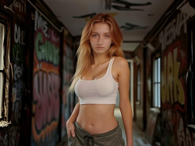 LunaXKiss with red hair, wearing a white sports bra and gray pants, standing in a graffiti-covered hallway, showing her tits and a flat, toned stomach.