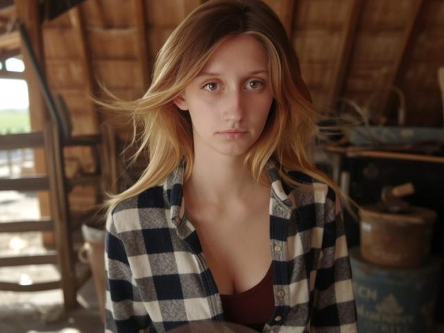 LunaXKiss with blonde hair, wearing a checkered shirt, exposing her small tits, and a brown bra, looking straight into the camera with a neutral expression.