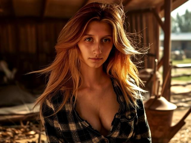 LunaXKiss has long, wavy, blonde hair and is wearing a black and white plaid shirt with a deep cleavage, looking serious with her tits slightly visible.