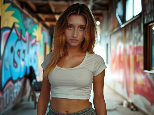 LunaXKiss has long, dirty blonde hair, a white crop top showing her tits, and grey pants in a graffiti-filled, dimly-lit, urban hallway. She looks directly at the camera.