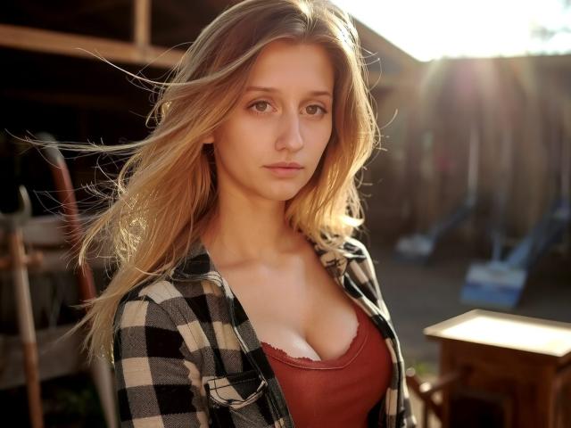 LunaXKiss with blonde hair, wearing a black and white checkered jacket over a red tank top, showing her small tits, standing in sunlight, looking serious.