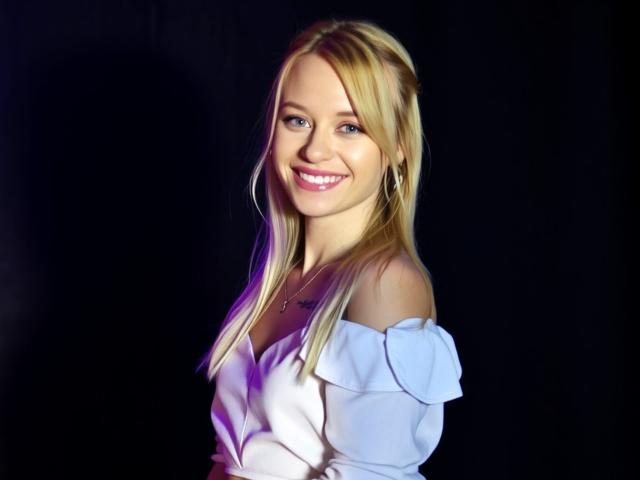 CindyxGlam has blonde hair, blue eyes, and a cute smile. She's wearing an off-shoulder white dress, showing her shoulders and a bit of her chest.