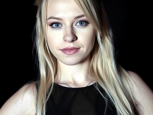 CindyxGlam has blonde hair, blue eyes, and pink lips with subtle makeup. She's wearing a black sleeveless top, looking straight at the camera with a slight smile.