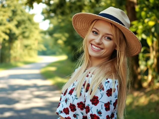Cindy-Lust has blonde hair, blue eyes, and a cute smile. She's wearing a straw hat and a floral dress, standing on a sunny road with green trees.