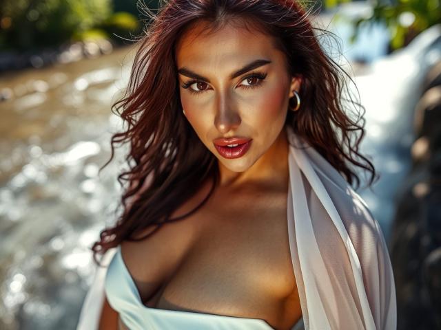 MindyDesire with dark brown wavy hair, brown eyes, and red lipstick, wearing a white dress with her tits partially exposed, white sheer scarf, and gold hoop earrings.