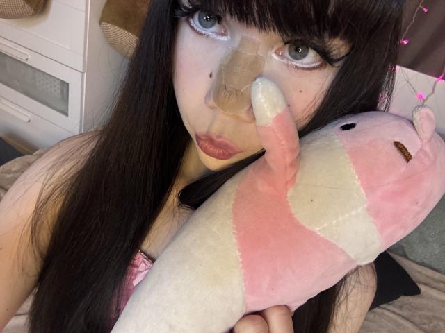 JennyMay, con lunghi capelli neri, pelle chiara e occhi azzurri, tiene in mano un unicorno di peluche rosa e bianco, ha un sex toy trasparente sul viso e indossa biancheria intima rosa..