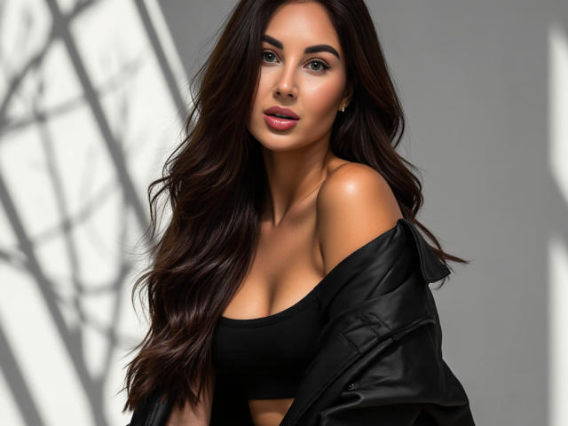 KimberlyWorld with long dark brown hair, green eyes, and pink lipstick, wearing a black top and leather jacket, showing her tits. She's looking at the camera with a sexy smile.