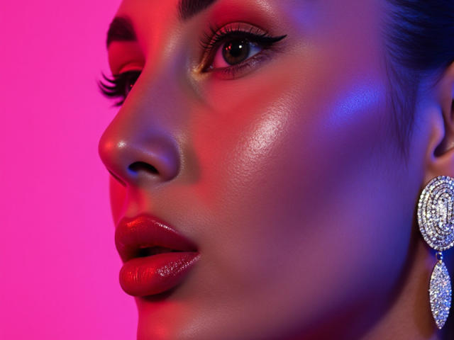 KimberlyWorld's face with shiny skin, red lipstick, and dark eyeliner, highlighted by purple and pink lighting, wearing large, round, silver earrings. Her glossy lips are slightly parted.