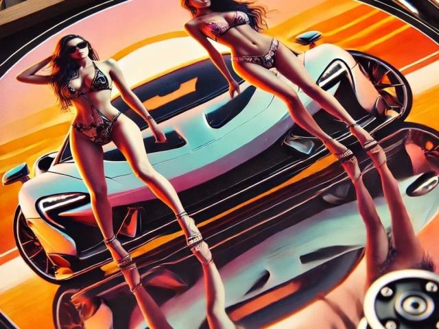 Two GlamVision-hot women with long hair in metallic bikinis, standing with legs apart, in front of a white sports car, reflected on a glossy surface, glowing orange sunset.