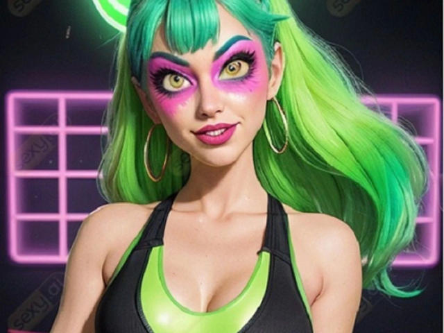 GlamVision-hot with green hair, neon pink and blue eye makeup, and green hoop earrings, showing off her tits in a black and green sports top, smiling.