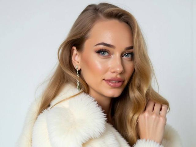 AngelicElite with blonde hair, blue eyes, and fluffy white coat, wearing dangling earrings, looking at camera with subtle smile. Her tits are barely visible under the coat.