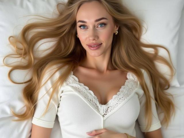 AngelicElite with long blonde hair, blue eyes, and a cute smile, wearing a white lace-trimmed top, lying on a bed, showing her tits. Her hand rests on her belly.