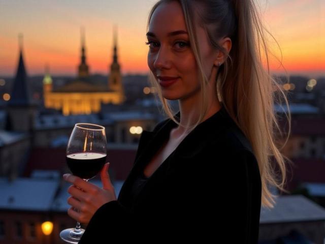 AngelicElite with long blonde hair in a ponytail, holding a glass of red wine, wearing a black outfit, smiling at sunset with a city skyline and church in background.