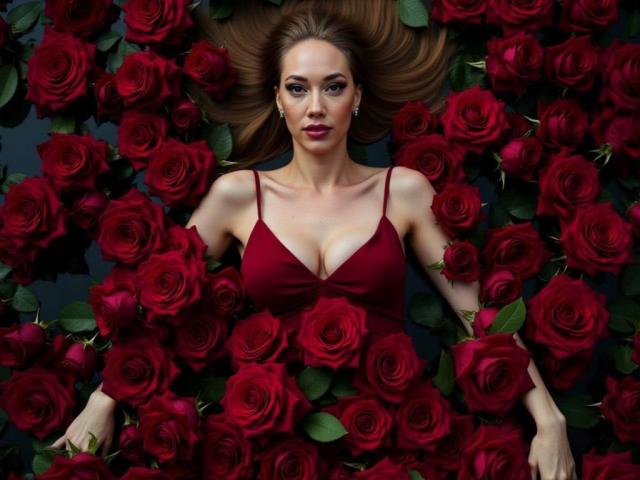 AngelicElite with red roses, lying down, wearing a red dress, surrounded by roses, showing her tits, with a serious face, long brown hair, and green leaves.
