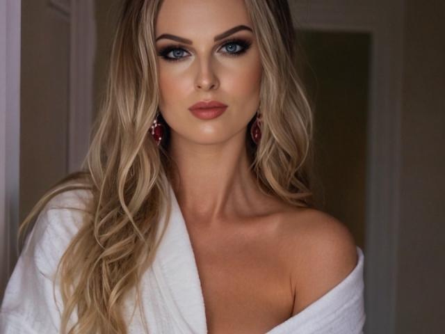 MeridianSexy with blue eyes, wavy blonde hair, and a white robe, showing off her tits, wearing red earrings, and looking directly at the camera.
