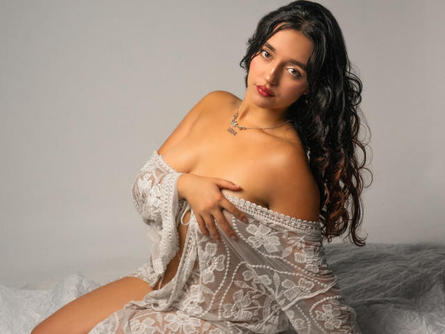 MelissaSmithers with long black curly hair, wearing a sheer white lace dress, exposing her large tits, sitting on a gray furry surface, looking at the camera with a slight smile.