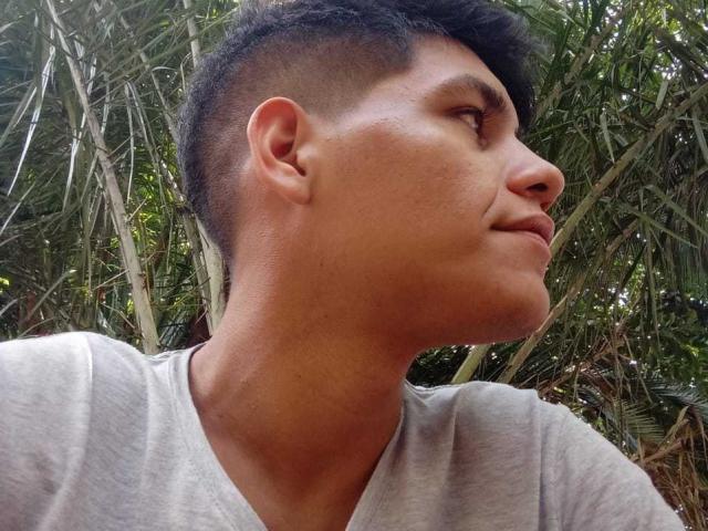 CristoferBlack's face, short black hair, side profile, looking up, slight smirk, tan skin, gray shirt, forest background, subtle nose shadow, natural light.