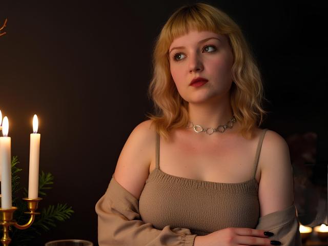 TeresaLibson, con cabello rubio, piel clara y senos pequeños, vestida con una blusa beige, un collar y mangas que se deslizan del hombro, mira hacia arriba con una expresión suave, con velas encendidas en el fondo..
