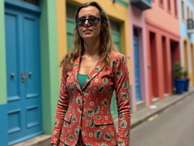 LizzySparkle, avec de longs cheveux bruns, portant un blazer rouge à motifs, un haut vert et des lunettes de soleil bleues, se tient sur une rue colorée avec des portes vibrantes de couleurs bleu, vert et rose..