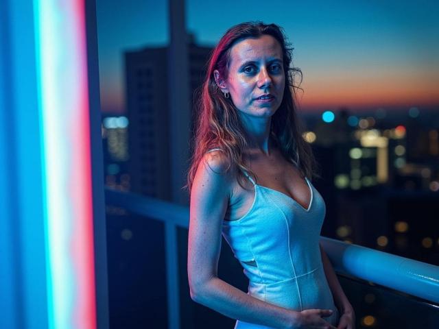 LizzySparkle mit mittlerer Brustgröße, trägt ein enges weißes Tanktop und steht auf einem Balkon bei Sonnenuntergang. Links ist ein blaues und rotes Neonlicht zu sehen, im Hintergrund sind Stadtlichter..
