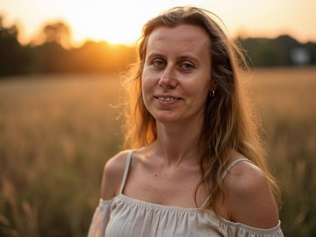 LizzySparkle, avec ses cheveux blonds ondulés, portant une robe blanche à une épaule, souriant doucement, le soleil se couche en arrière-plan, une lumière dorée sur son visage, de petites boucles d'oreilles, naturelle, détendue..