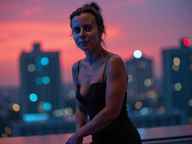 LizzySparkle mit kleinen Brüsten, trägt ein schwarzes Kleid mit dünnen Trägern und steht vor einer Stadtkulisse bei Sonnenuntergang. Ihr Gesicht ist leicht bläulich aufgrund des Abendlichts..
