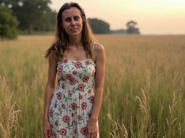 LizzySparkle steht auf einem Feld und trägt ein weißes, mit Blumenmuster versehenes Kleid mit rosa Blumen. Ihr braunes, welliges Haar ist offen, ihre kleinen Brüste sind sichtbar und sie hat ein sanftes Lächeln im Gesicht..
