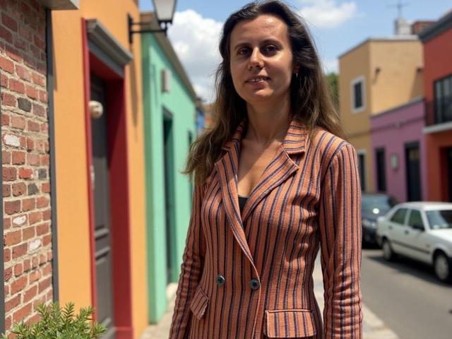 LizzySparkle with long brown hair, wearing a striped orange and black button-up jacket, standing on a colorful street with brick and painted buildings, and a white car.