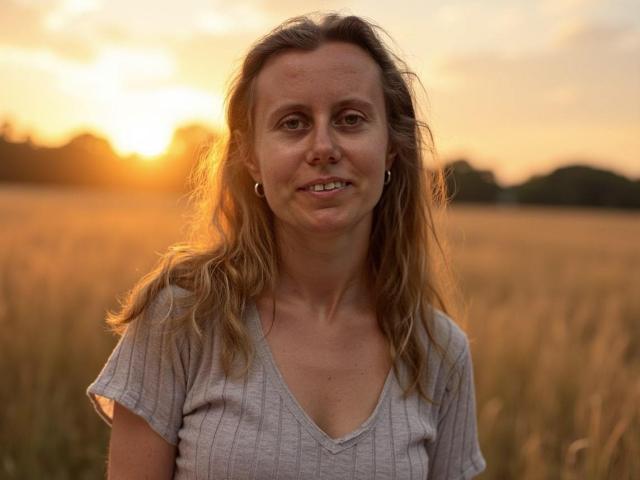 LizzySparkle has wavy blonde hair, a slight smile, and wears a gray V-neck shirt. Her tits are small, and she's standing in a golden field at sunset.