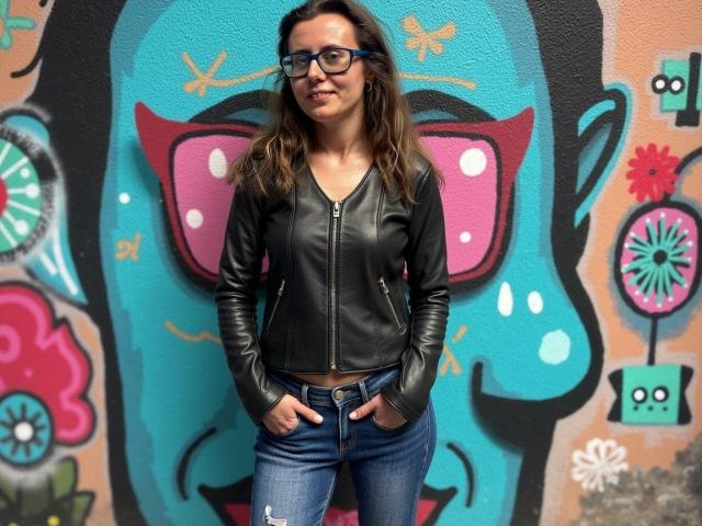 LizzySparkle mit langen braunen Haaren, trägt eine schwarze Lederjacke und blaue Jeans, steht mit den Händen in den Taschen, trägt eine Brille und lächelt in die Kamera. Brüste nicht sichtbar, Gesäß nicht sichtbar..