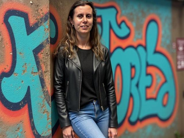 LizzySparkle with long brown hair, wearing a black leather jacket, black top, and blue jeans, standing against a graffiti-covered wall. Her ass is average, and she's smiling.