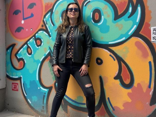 LizzySparkle stands against colorful graffiti, wearing a black leather jacket, black ripped jeans, and dark sunglasses. She has wavy brown hair and a confident, sexy look.