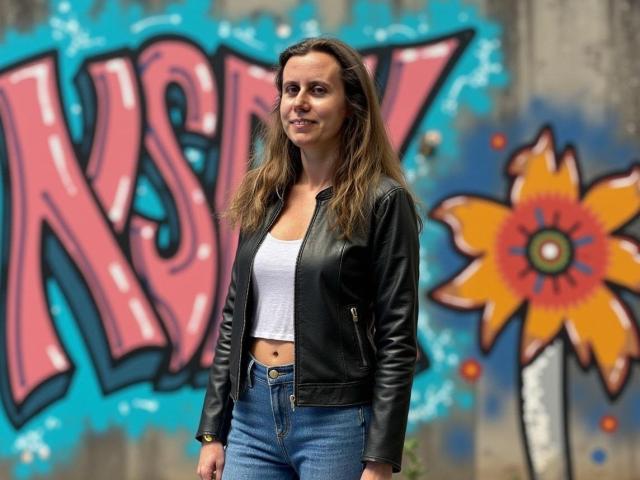 LizzySparkle, met lang bruin haar, een zwarte leren jas, een witte crop top en blauwe jeans, staat zelfverzekerd, met een lichte glimlach, en heeft een schattige, casual uitstraling..