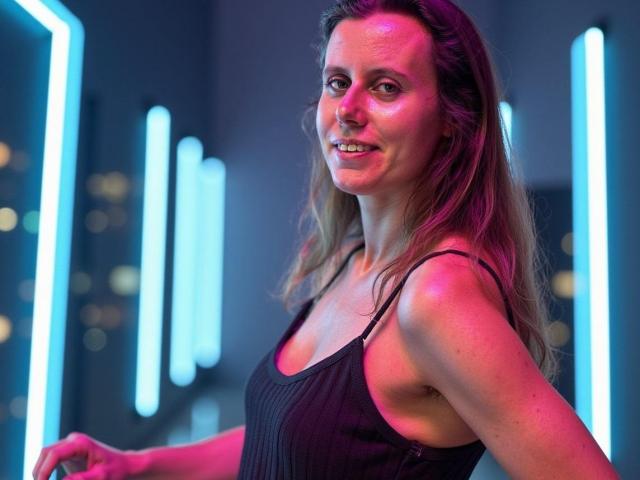 LizzySparkle mit pinken und blauen Neonlichtern, trägt ein schwarzes Rippoberteil, das ihren Hintern zeigt, und lächelt mit langen braunen Haaren, sieht süß und sexy aus..