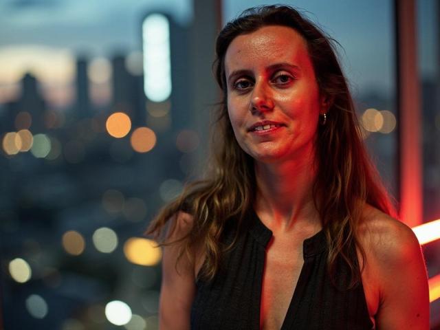 LizzySparkle with wavy brown hair, red light on right side, wearing a sleeveless black top, slightly smiling, city lights blurred in background. Her tits are small, face slightly sweaty.