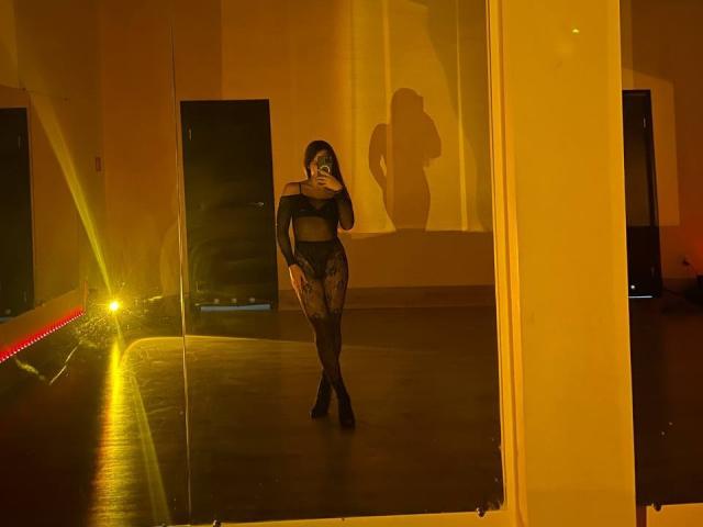 PaigePrado in a mirror selfie, wearing black lace lingerie and high heels, with a shadow of her tits and ass on the wall, holding a phone, golden light.