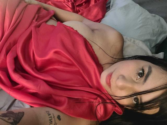 AliceNova with wet black hair, red satin sheet covering her tits, looking at camera, tattoos on right arm, lying on bed, red lips, subtle makeup, soft light.