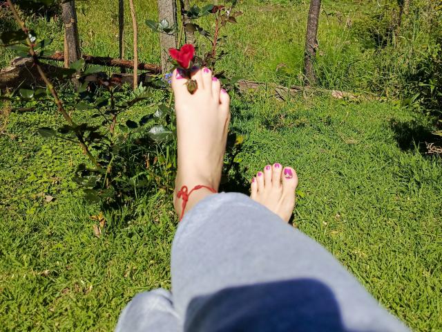 ValeryTunderx's bare feet with pink nail polish, a red rose between toes, and a red ankle bracelet, lying on green grass. ValeryTunderx's legs in blue jeans, sunlight.
