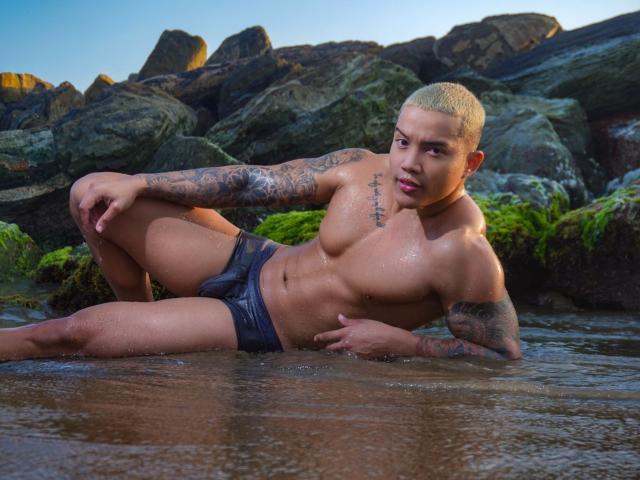 CristianoGabi, shirtless with tattoos, lying in shallow water, wearing dark blue wet shorts, looking at camera, blonde buzzcut, muscular, wet skin, rocks and green moss in background.