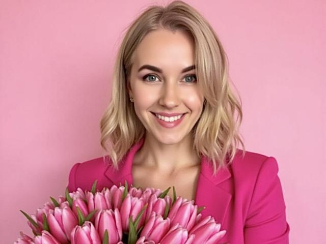 Misstyk, met blond haar, groene ogen en een roze blazer, glimlacht terwijl ze een boeket roze tulpen vasthoudt. Haar borsten zijn subtiel zichtbaar onder de blazer. Roze achtergrond..